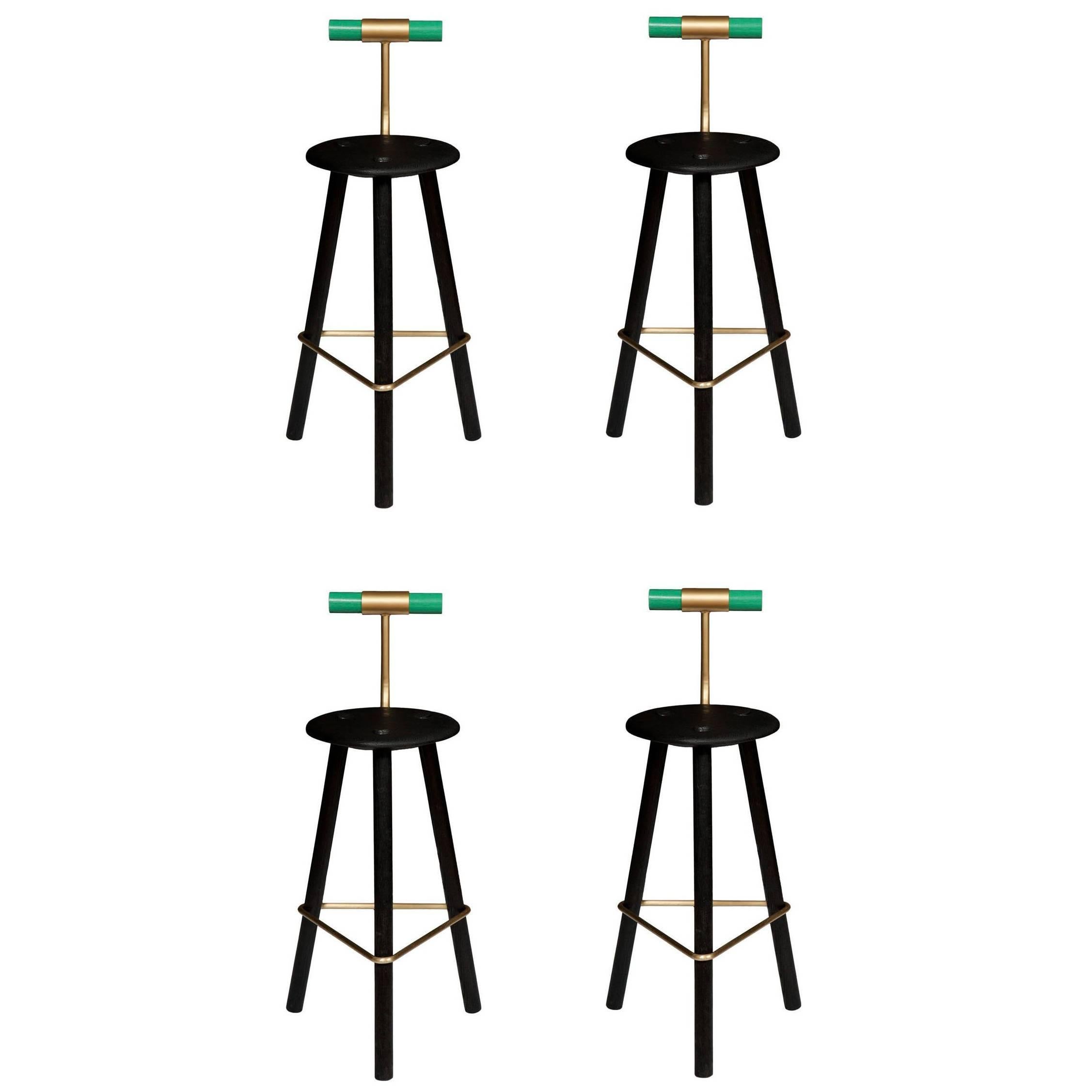 Set of Four Erickson Aesthetics Charred Ash Tripod Stools with Backrest For Sale
