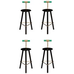 Set of Four Erickson Aesthetics Charred Ash Tripod Stools with Backrest