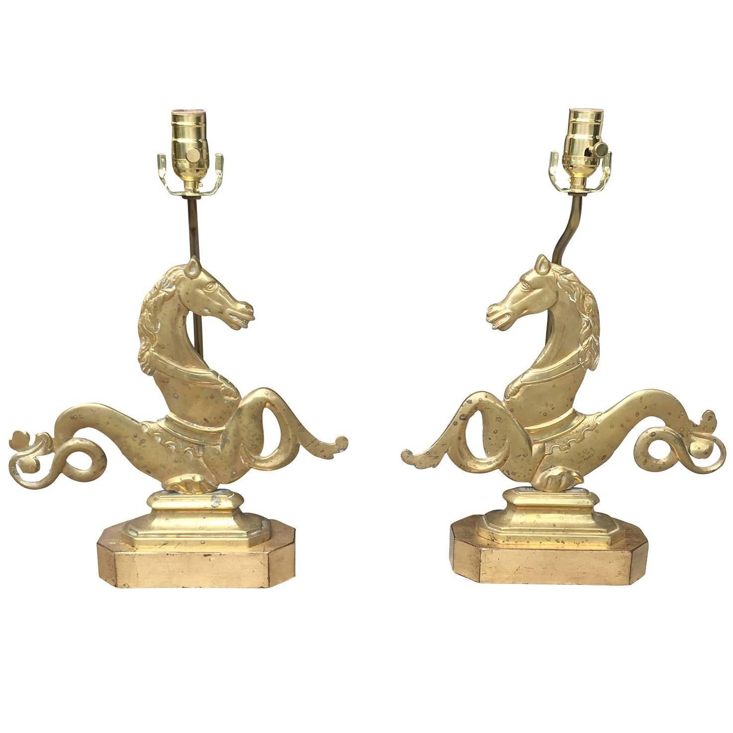 Large Pair of 19th-20th Century Venetian Seahorses, Made into Lamps