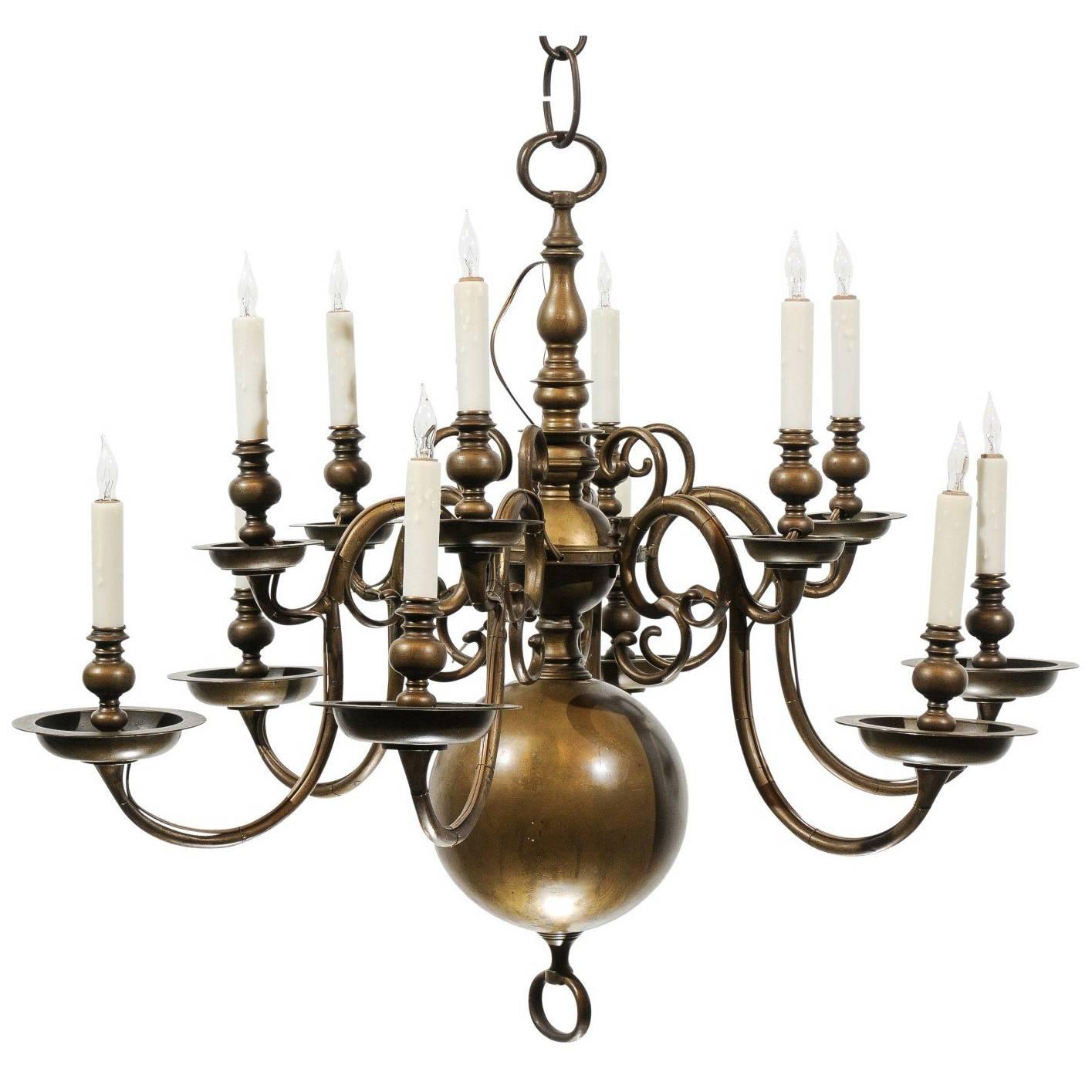 Large 18th Century Dutch Brass Chandelier with 12 Lights