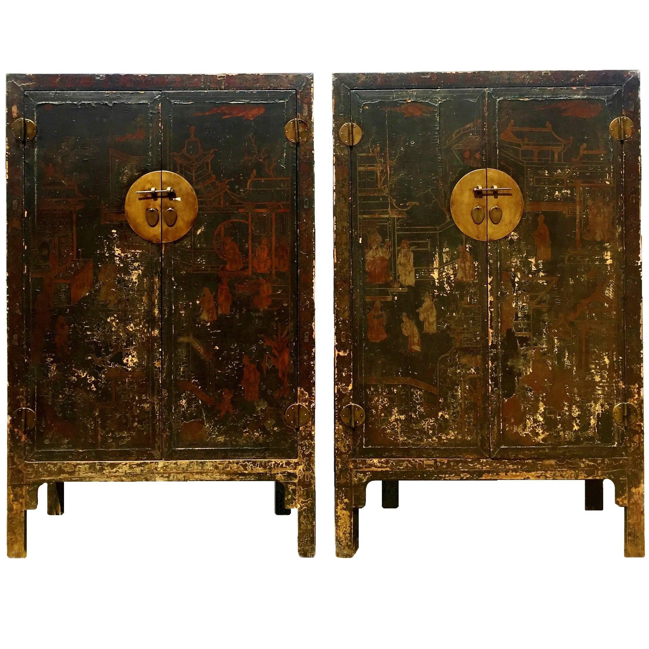 Pair of 19th Century Black Lacquered Chinese Cabinets in Original Condition