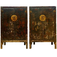 Antique Pair of 19th Century Black Lacquered Chinese Cabinets in Original Condition