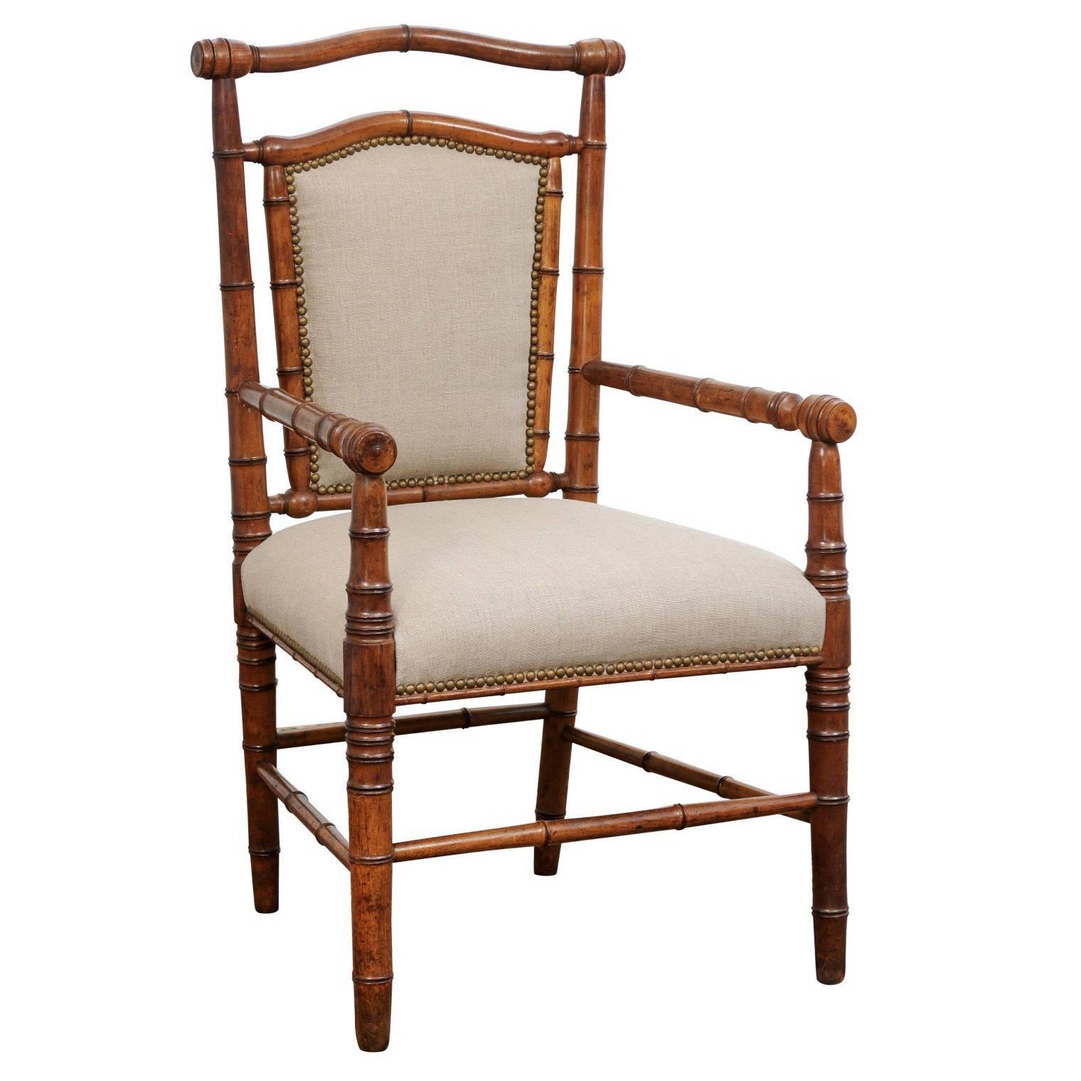 Single English Faux-Bamboo Turn of the Century Upholstered Armchair