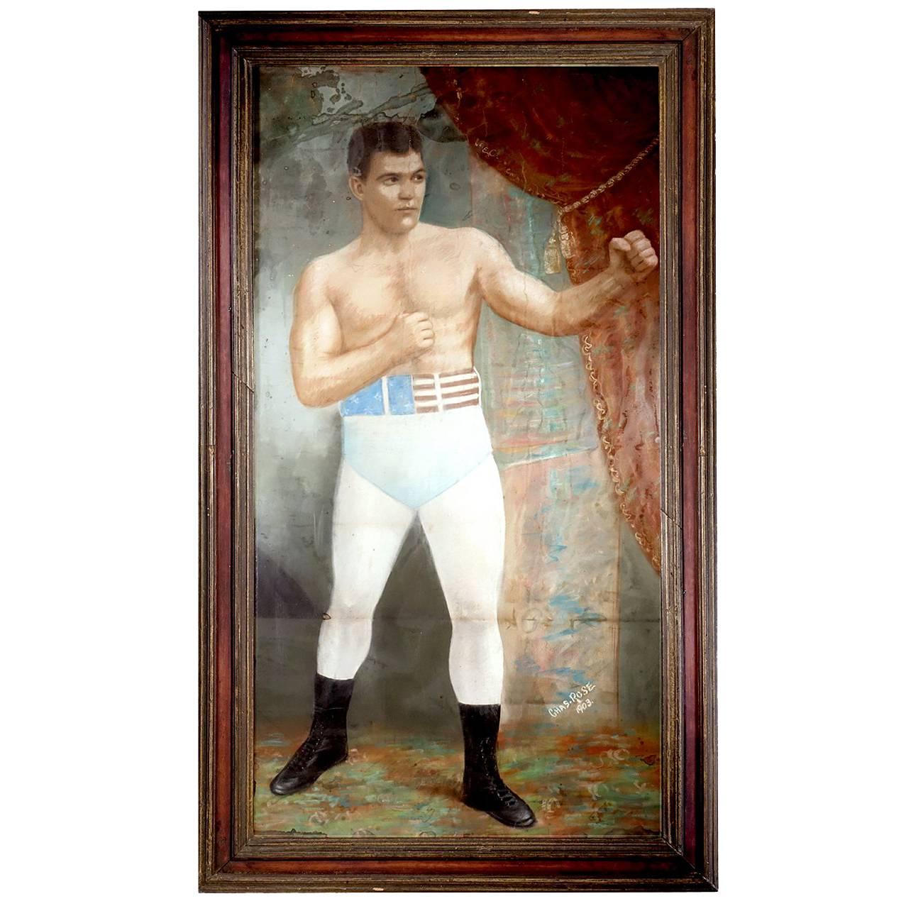 Large 1903 Framed Pastel of Heavyweight Champion