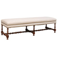 English Early 20th Century Bobbin Leg Backless Upholstered Walnut Bench