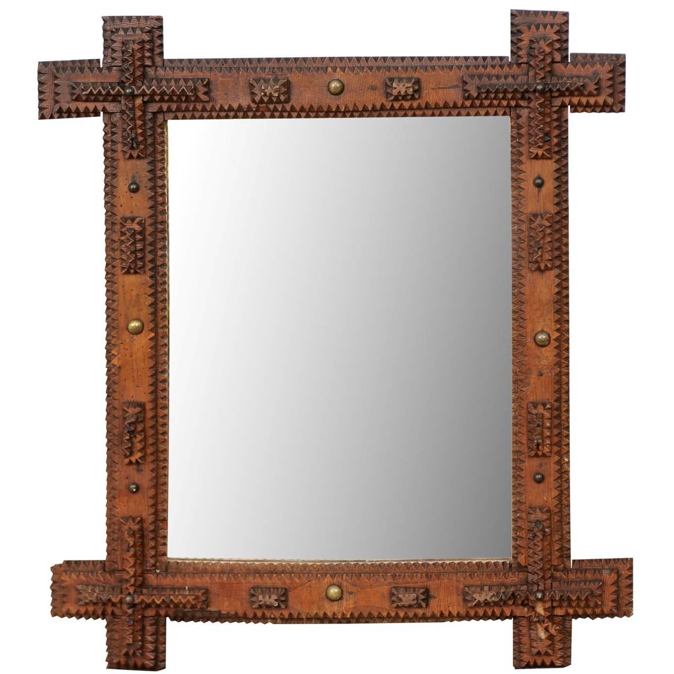 French Linear Small Size Tramp Art Mirror from the Turn of the Century