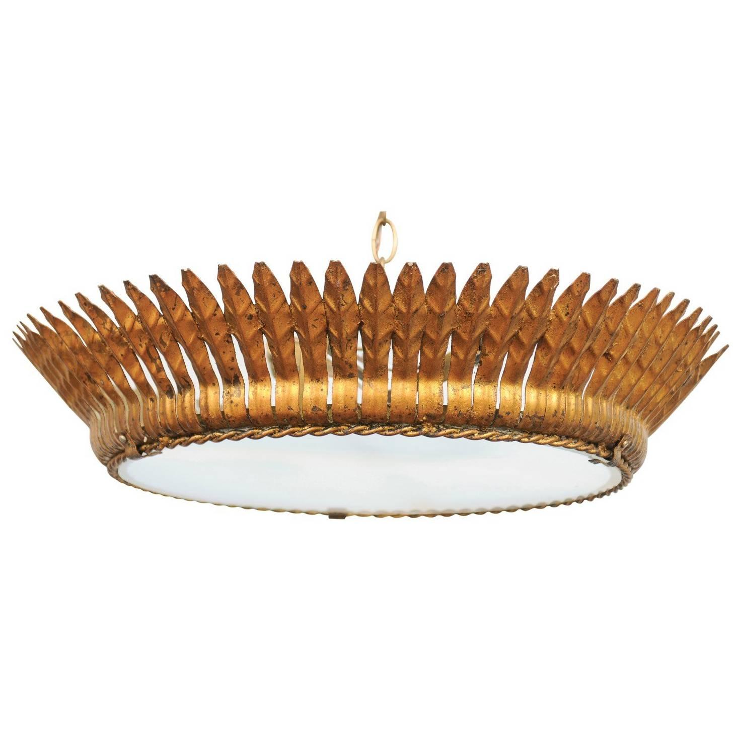 Spanish Two-Light Gilt Metal Crown Chandelier with Leaves and Frosted Glass