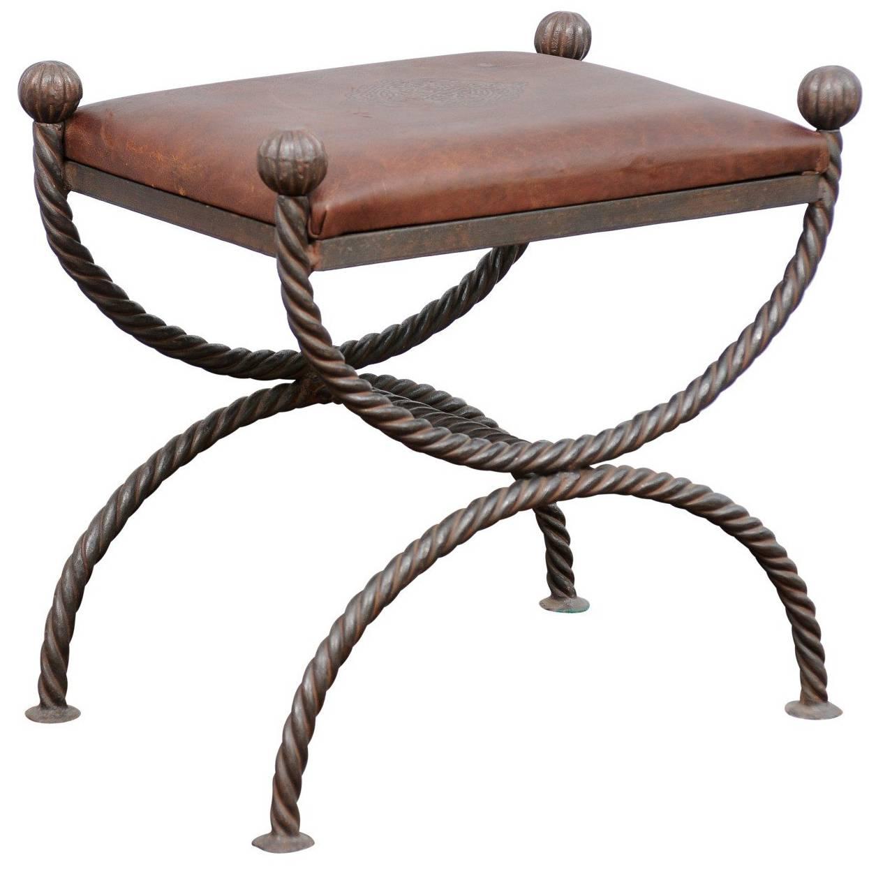 English Mid-Century Modern Curule Style Stool with Leather Seat and Iron Base For Sale