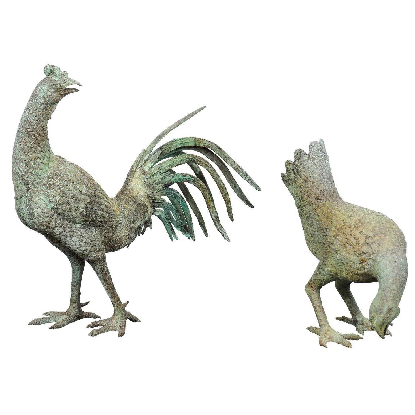 Pair of Italian Bronze Rooster and Hen Sculptures from the Mid-20th Century