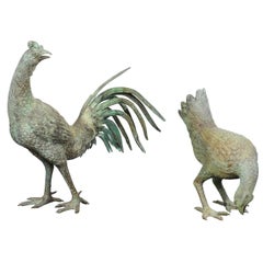 Vintage Pair of Italian Bronze Rooster and Hen Sculptures from the Mid-20th Century