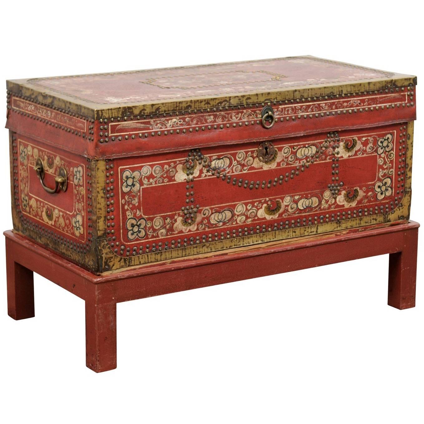 English Camphor Wood Trunk on Stand with Red Painted Leather and Floral Motifs