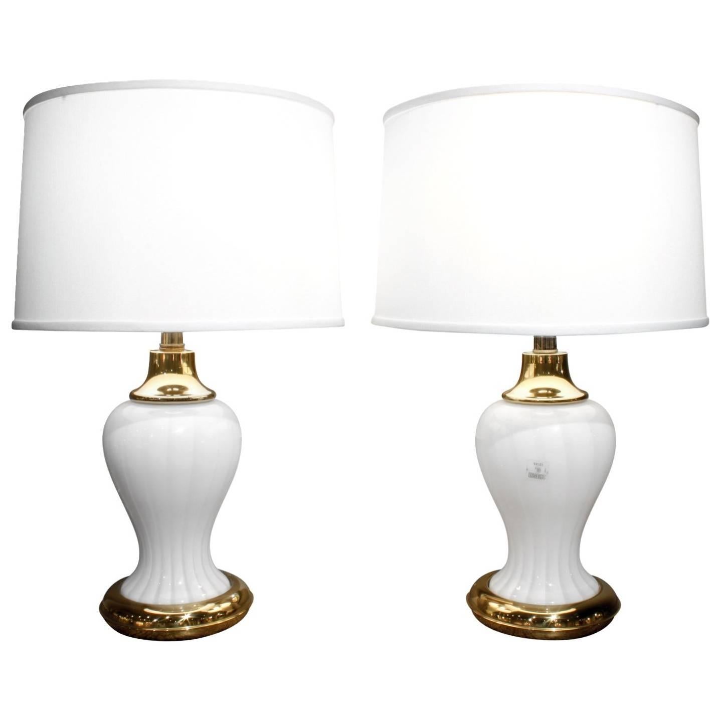 Pair of Murano Handblown White Glass Lamps, 1970s