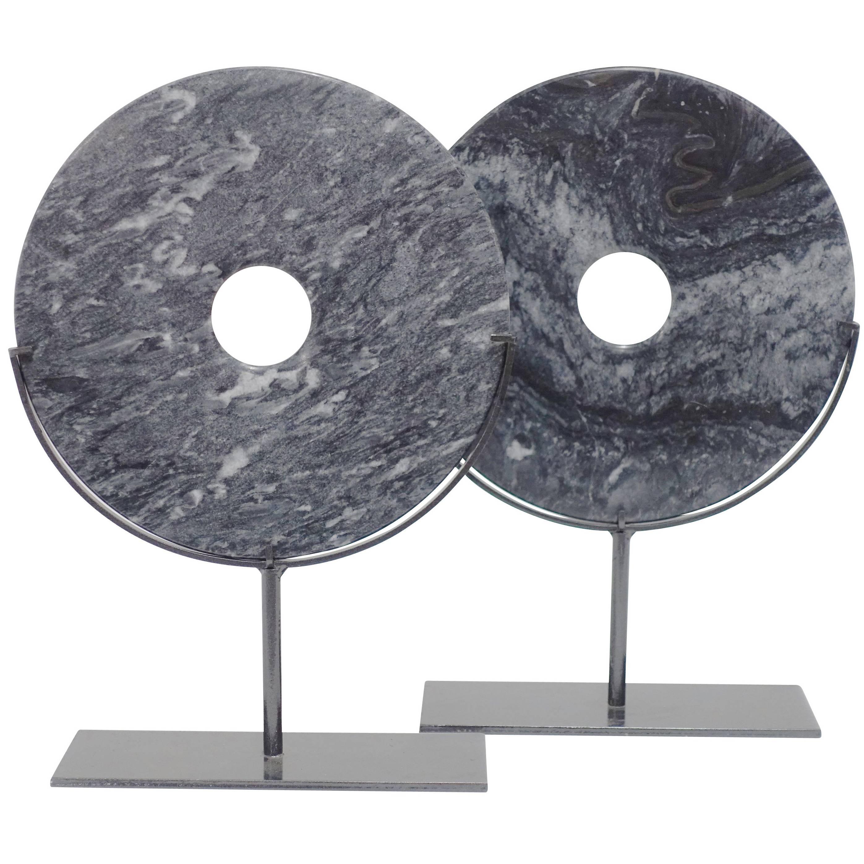 Contemporary Chinese grey stone disc on steel stand.
Stand measures 9" x 3"
