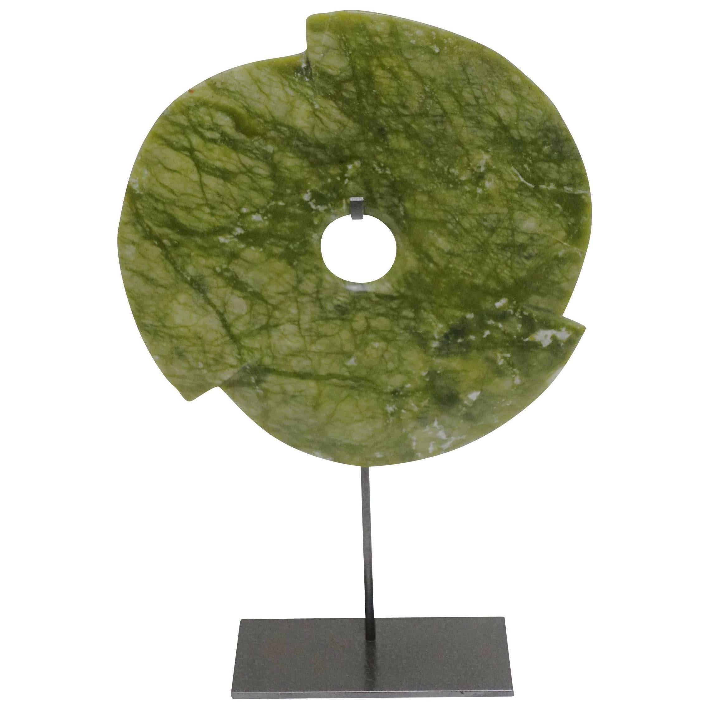 Lime Green Pinwheel Stone Disc Sculpture, China, Contemporary