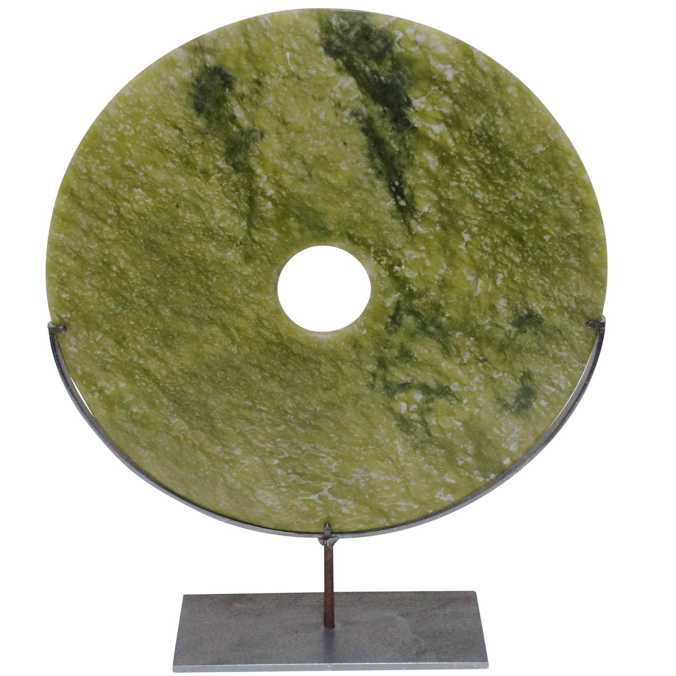 Lime Green Round Stone Disc Sculpture, China, Contemporary