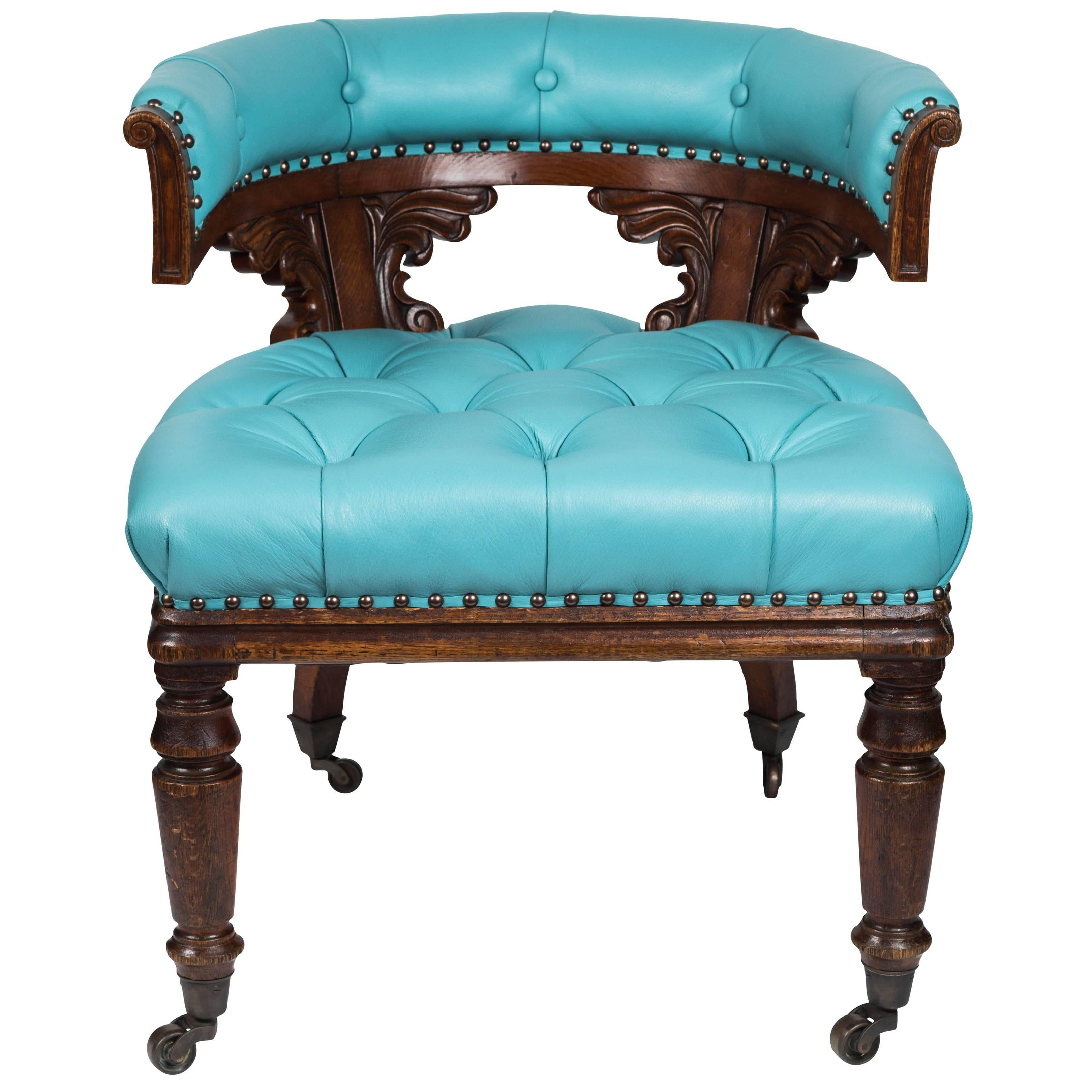 Antique William IV Chair in Mahogany and Turquoise Leather