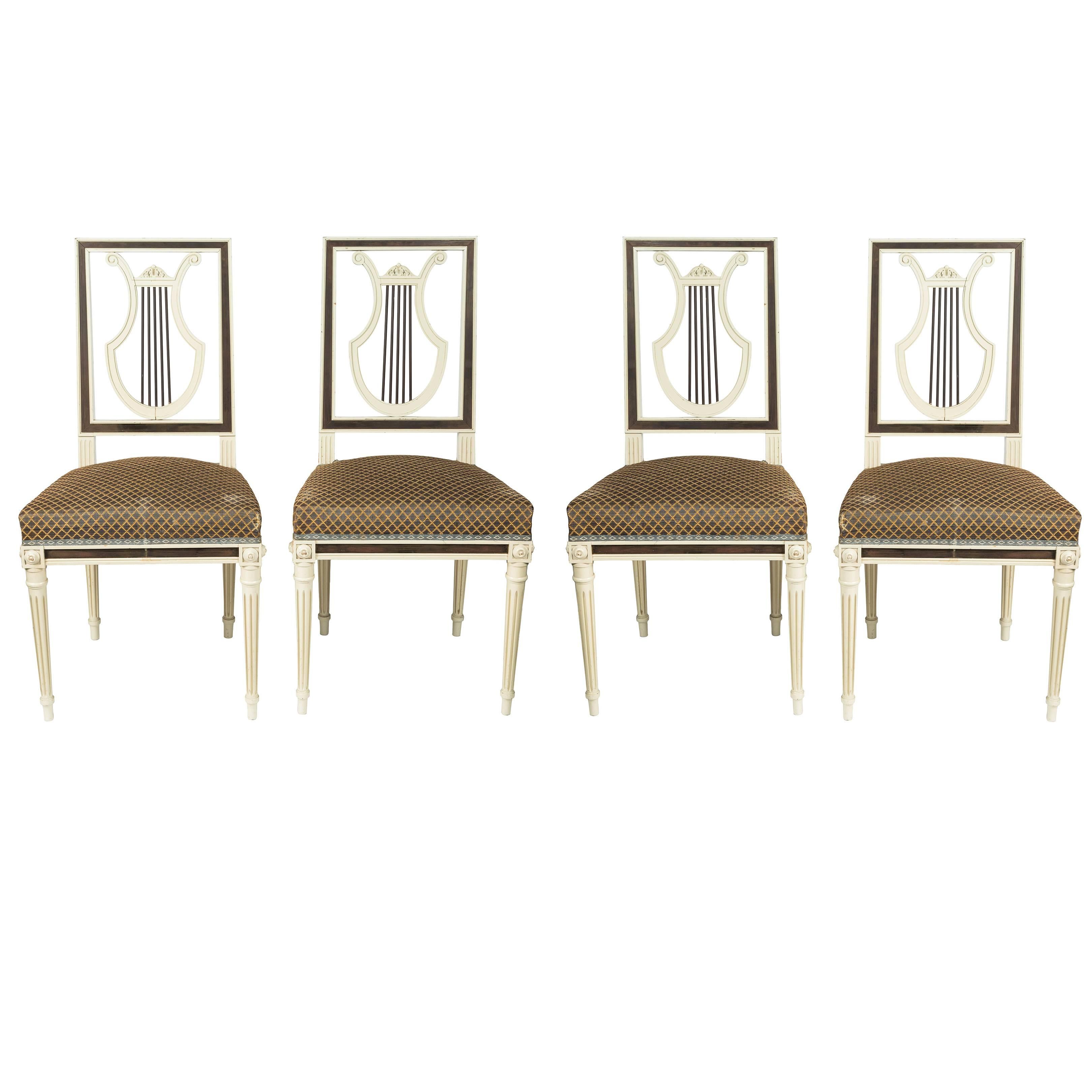 Maison Jansen Louis XVI Style Lyre Back Dining Chairs, Set of Four