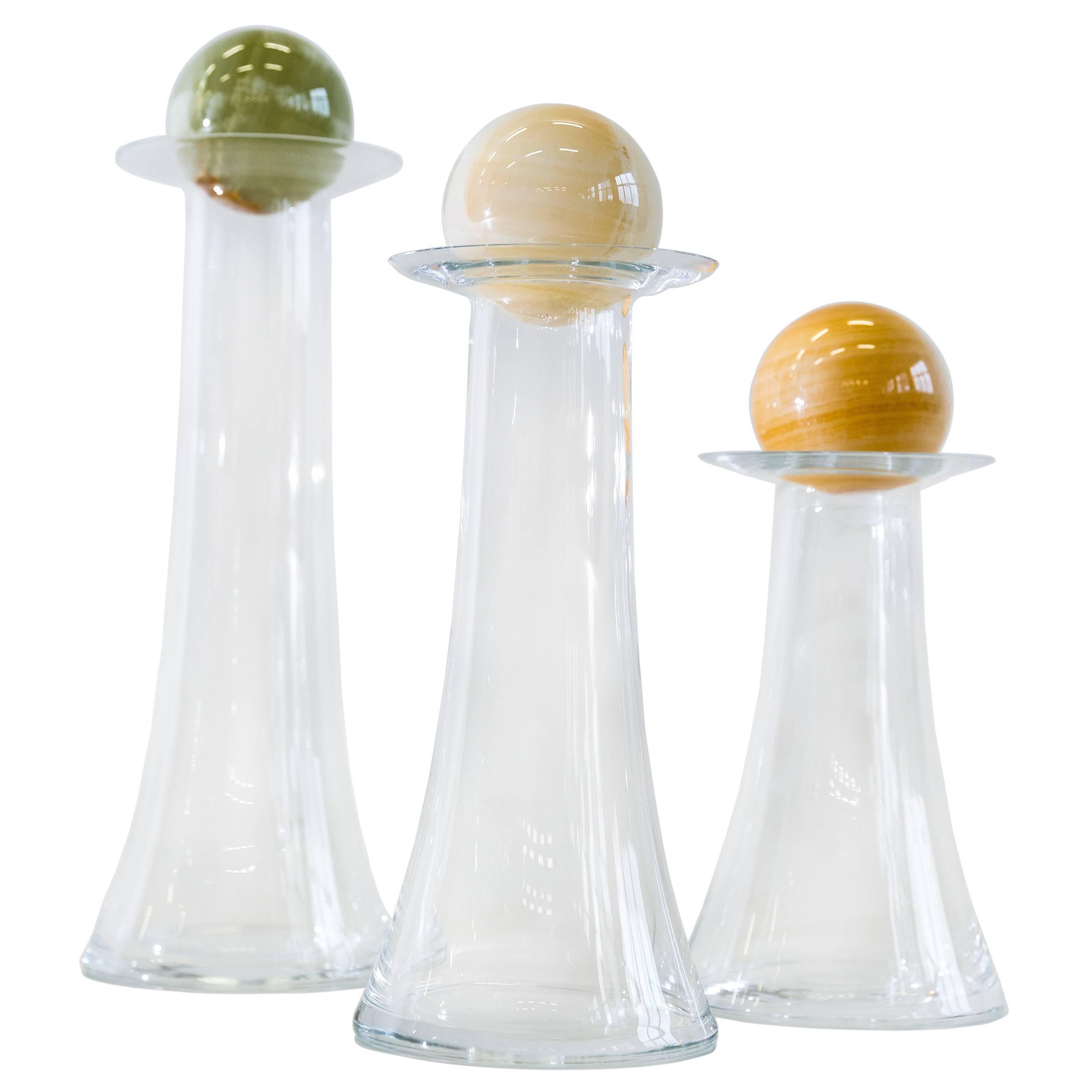 Set of 3 Planetario Crystal Glass Bottles with Spherical Onyx by Ars Fabricandi For Sale