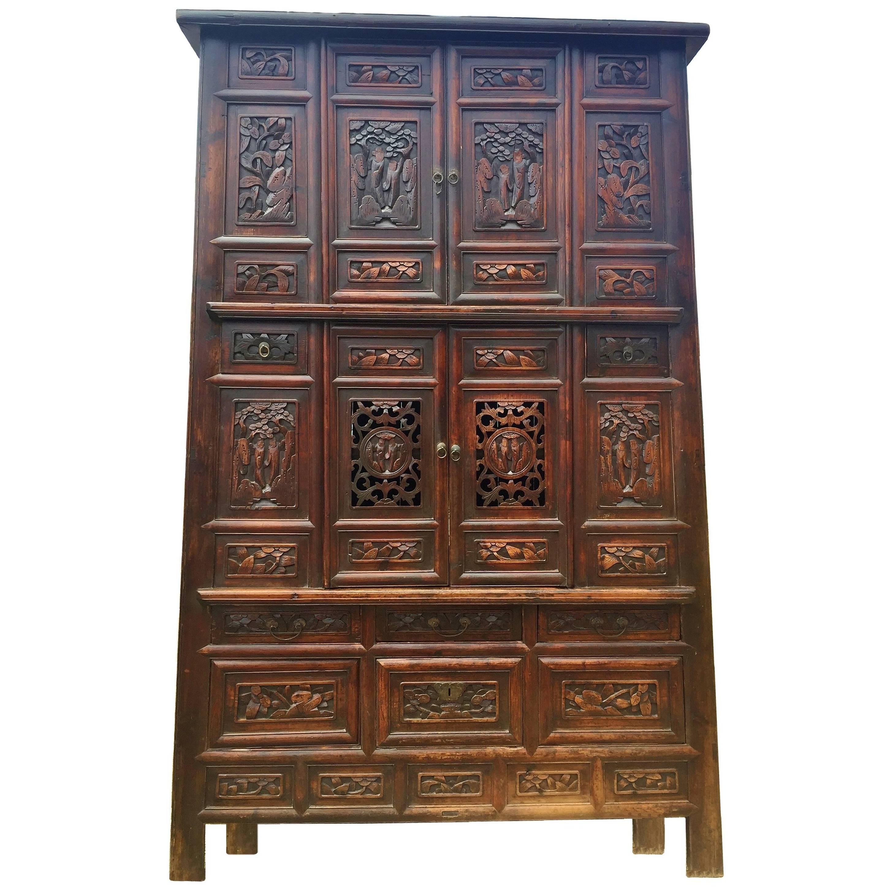 Monumental 8 Feet Tall Chinese Antique Cabinet Fully Carved