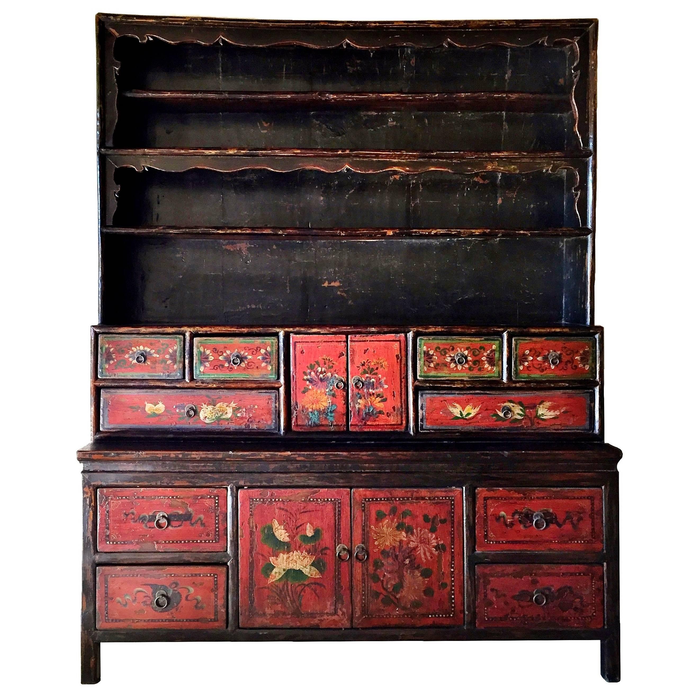 Antique Tibetan Cupboard, Hand-Painted Chest, Large, 19th Century