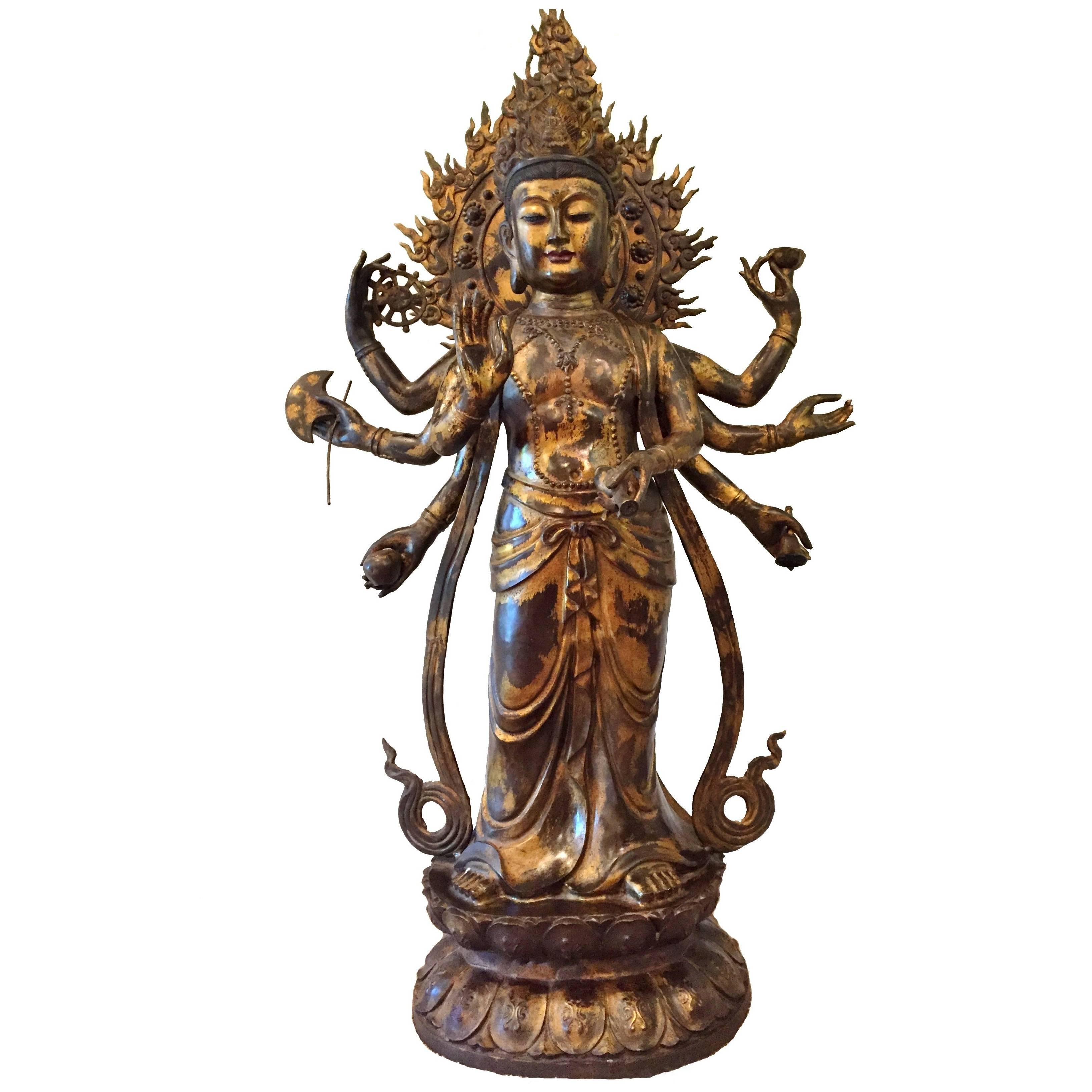 Gilded Bronze Tibetan Multi Armed Avalokitesvara Statue 53" Tall