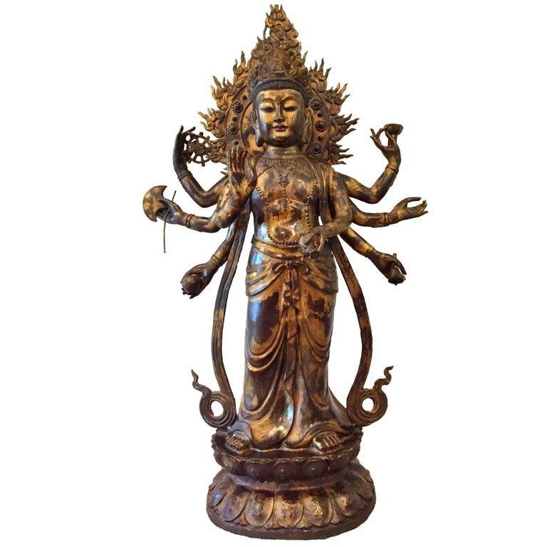 Large Gilded Bronze Tibetan Tara Statue, Kwan Yin with MultiArms For