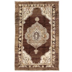 Brown Background Floral Medallion Vintage Turkish Kars Rug in Ivory and Taupe