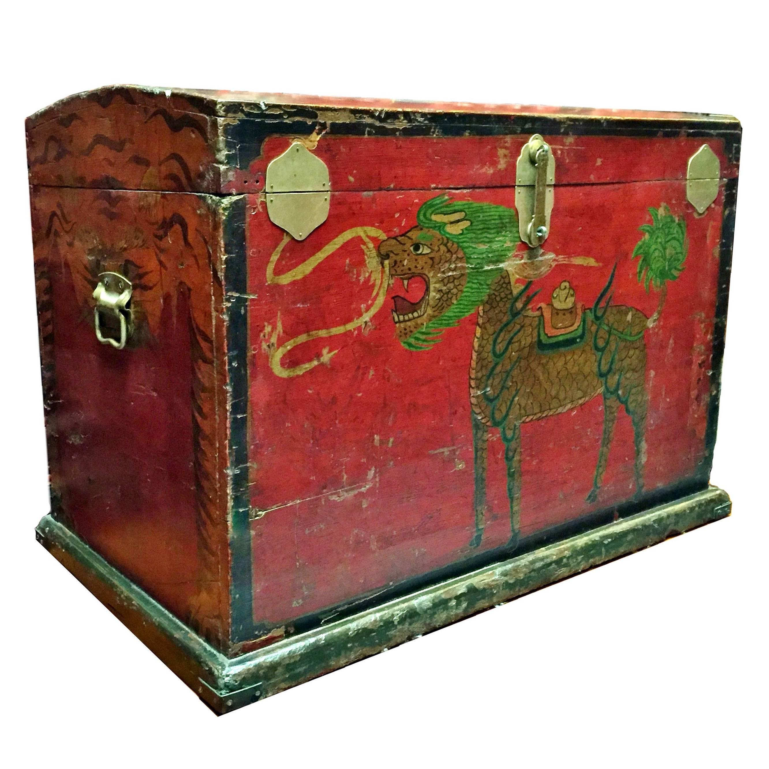 19th Century Tibetan Trunk, Blanket Chest, with Hand-Painted Qi Lin