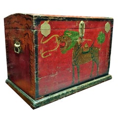 Antique 19th Century Tibetan Trunk, Blanket Chest, with Hand-Painted Qi Lin