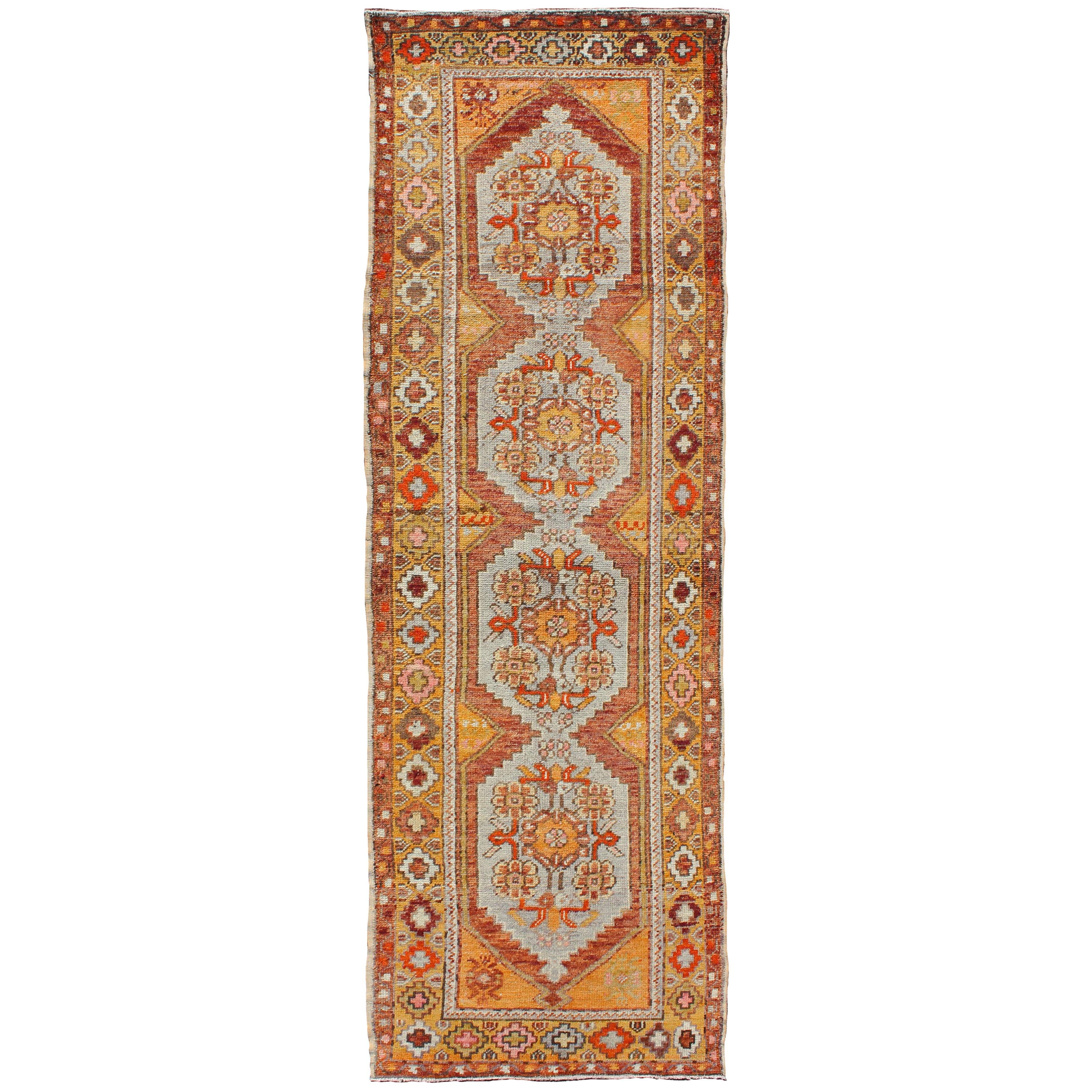 Colorful Antique Oushak Runner with Four Medallions in Yellow, Red, Green, Gray