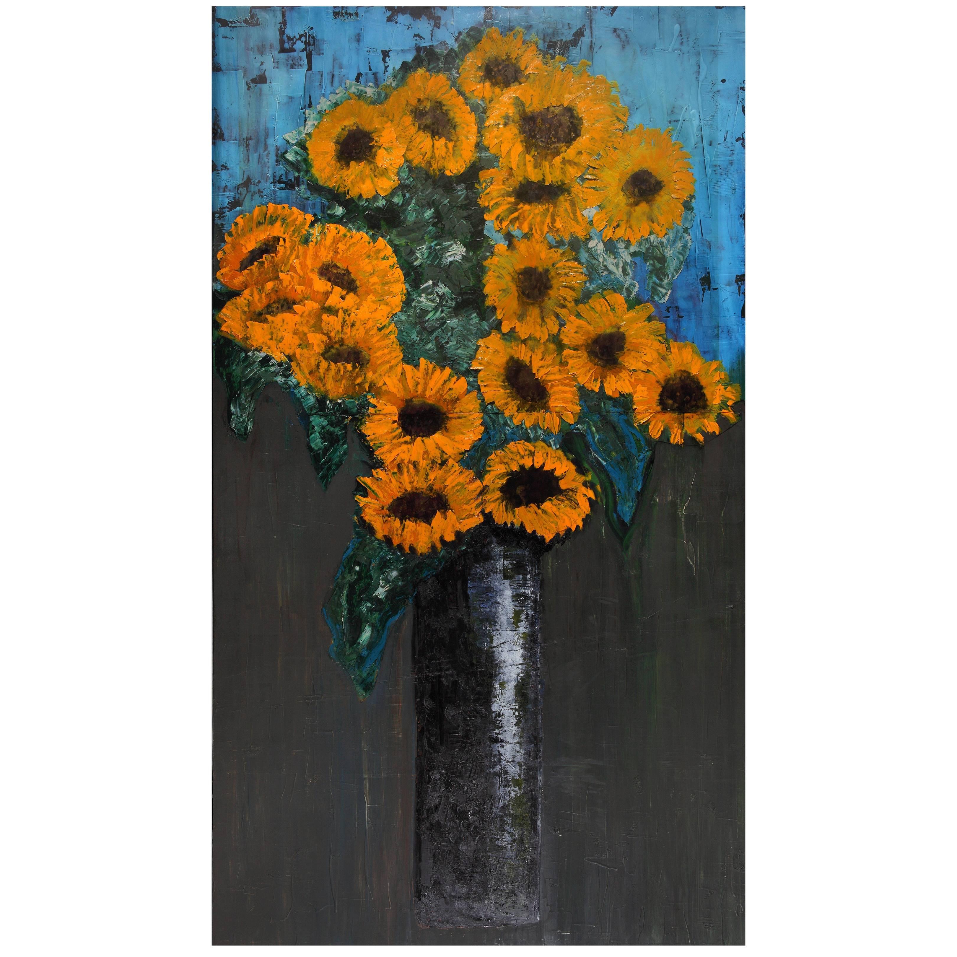 Spectacular Giant "Sunflower" Painting,  Mixed Technique For Sale
