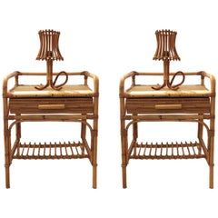 Style Audoux-Minet, Pair of Bedside Tables with His Lamp, circa 1970, France 5