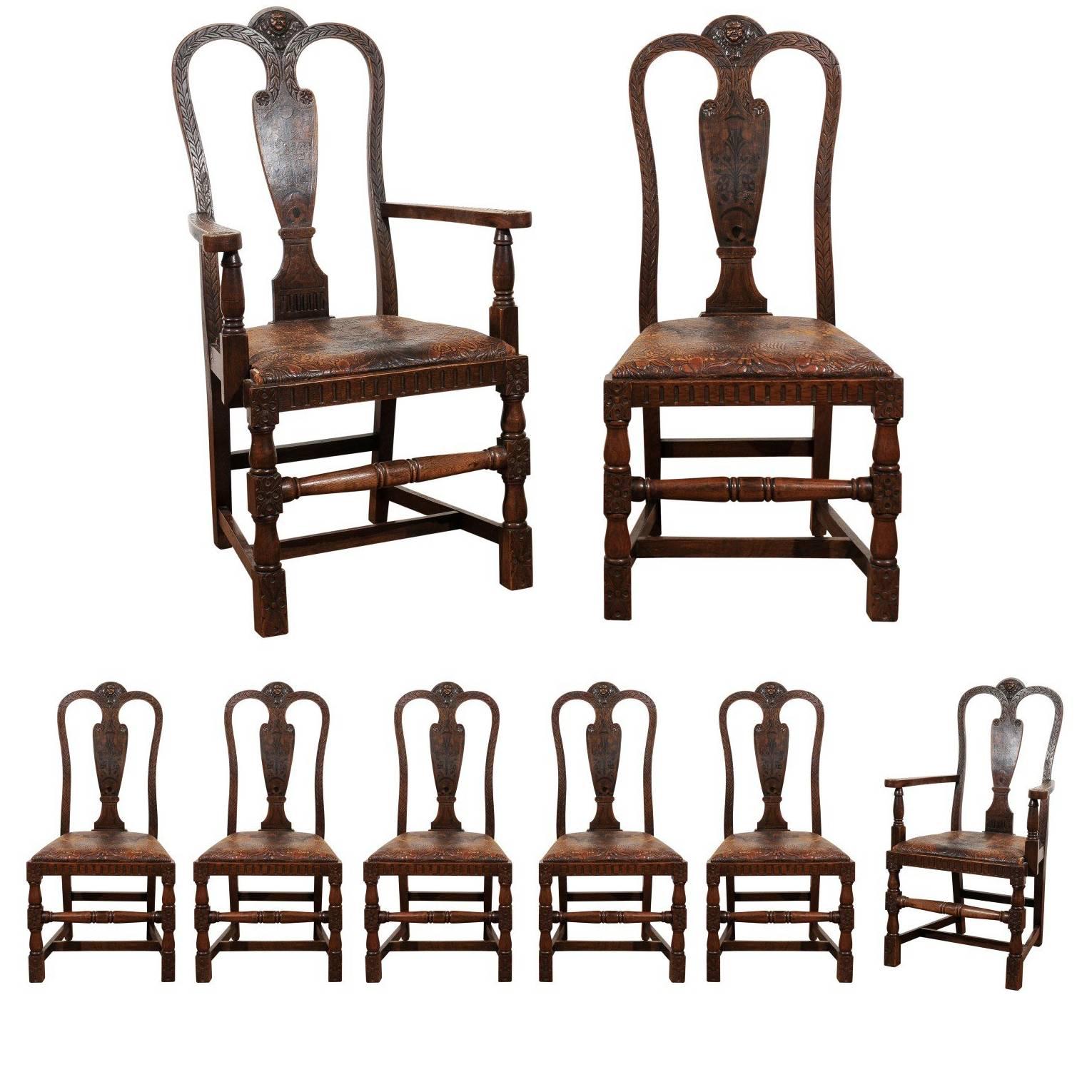Set of Eight English Carved and Inlaid Oak Dining Chairs