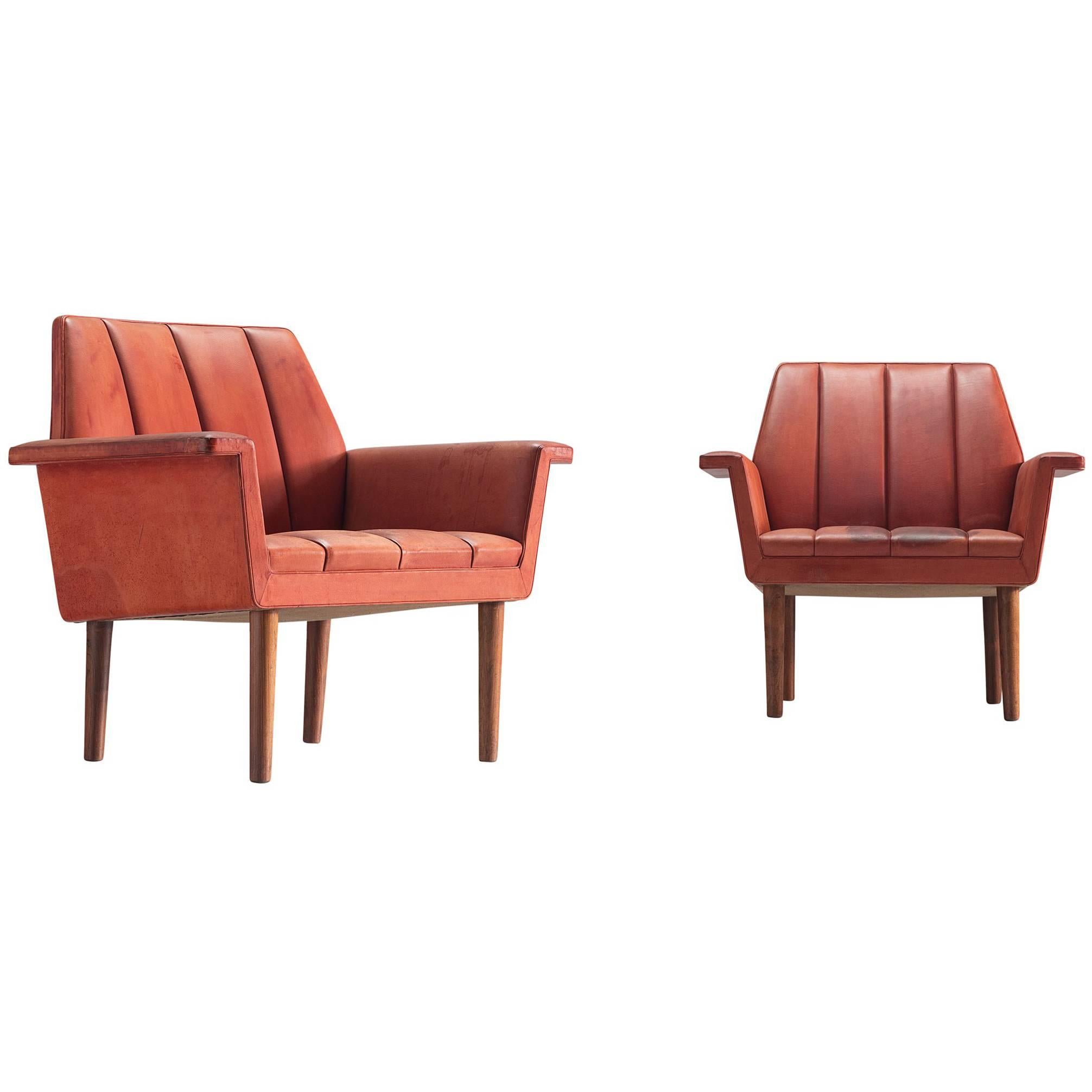 Helge Vestergaard-Jensen Pair of Red Leather Lounge Chairs