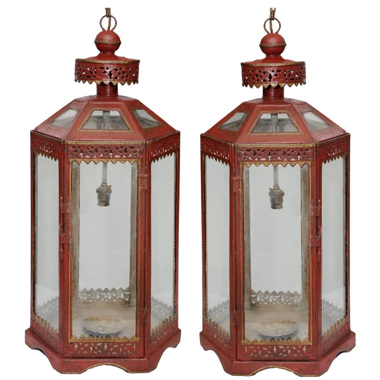 Pair of French Contemporary 18th Century Style Red Painted Hanging Lanterns For Sale