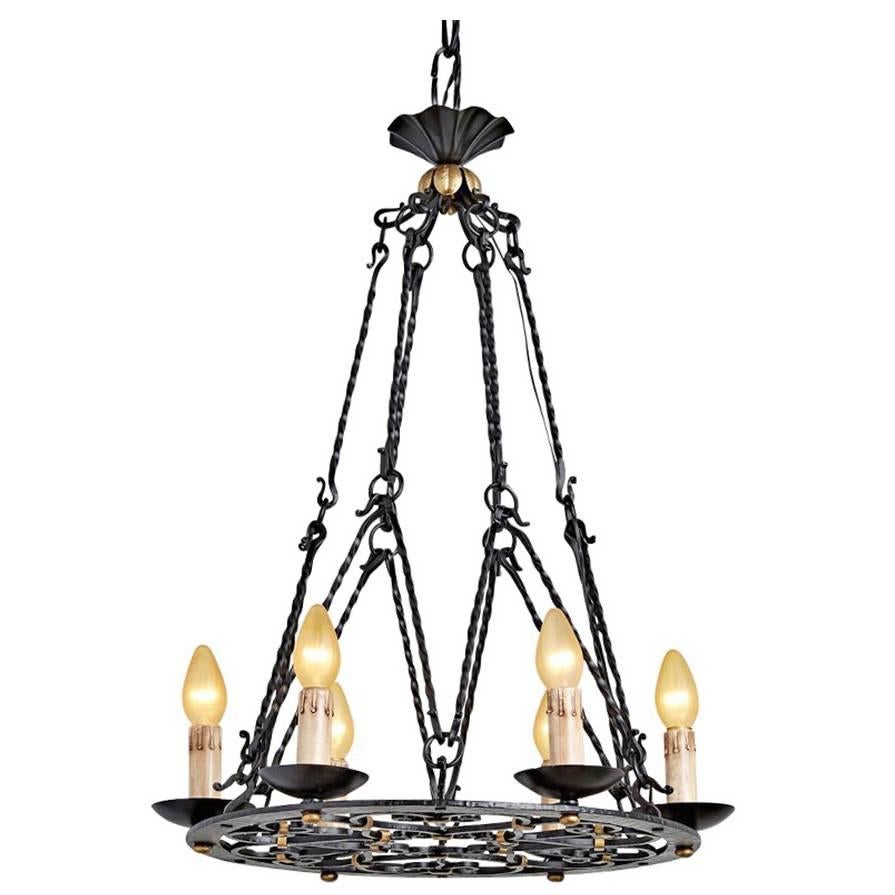 Ornate French Wrought Iron Six-Light Chandelier, circa 1920s
