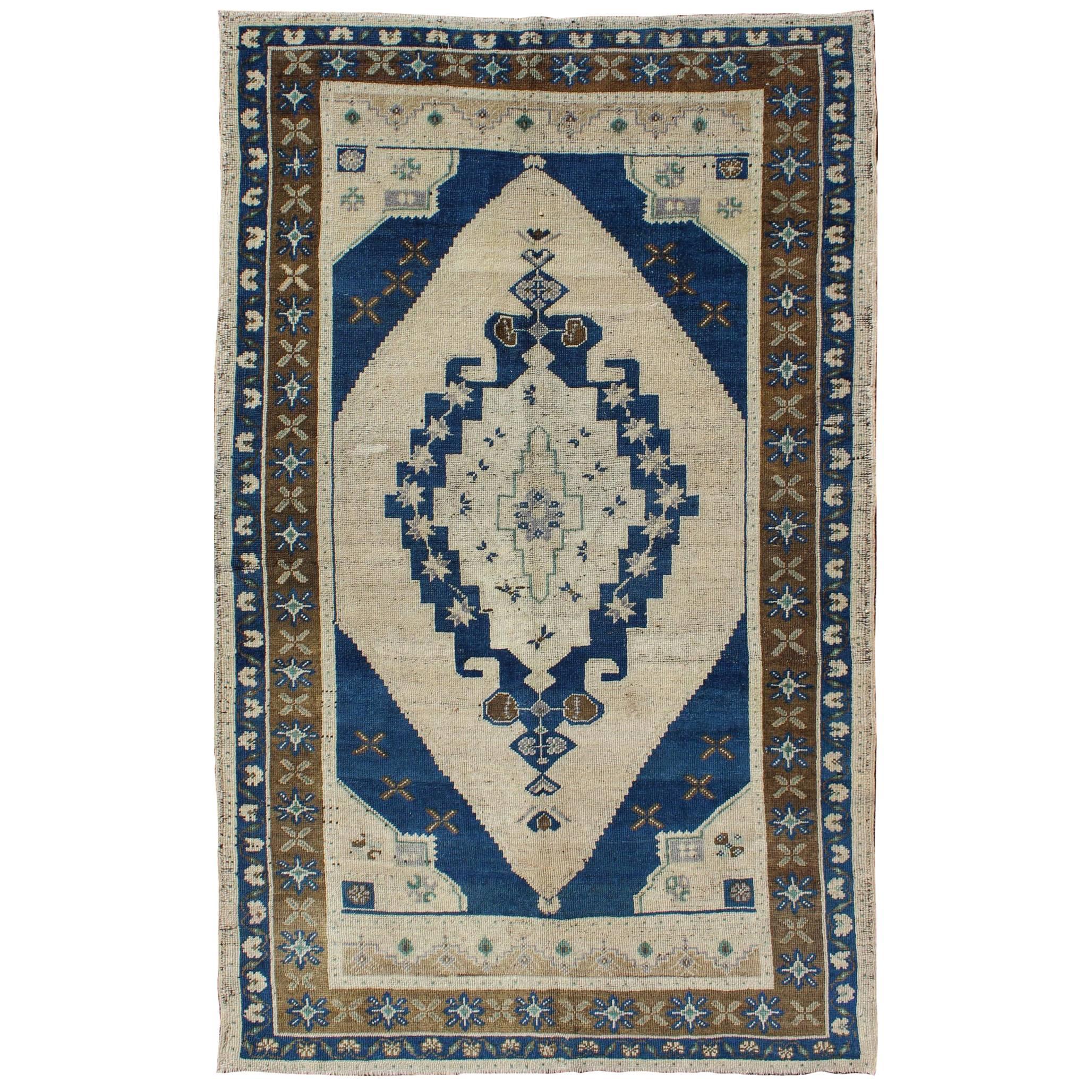 Vintage Turkish Oushak Rug in Navy Blue, Ivory, Taupe and Brown For Sale