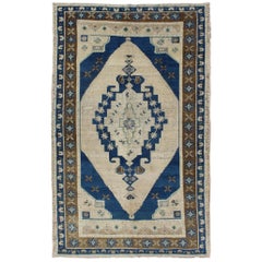 Vintage Turkish Oushak Rug in Navy Blue, Ivory, Taupe and Brown