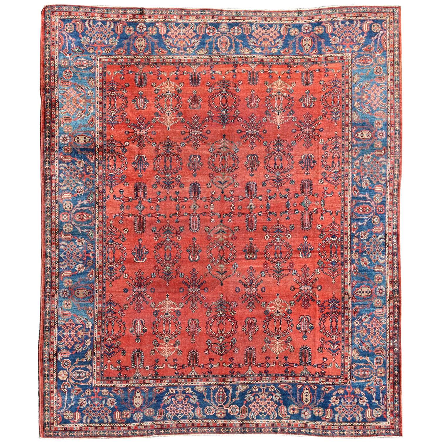 Square-Sized Antique Persian Sultanabad Rug in Terracotta Red and Medium Blue For Sale