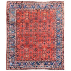 Square-Sized Antique Persian Sultanabad Rug in Terracotta Red and Medium Blue