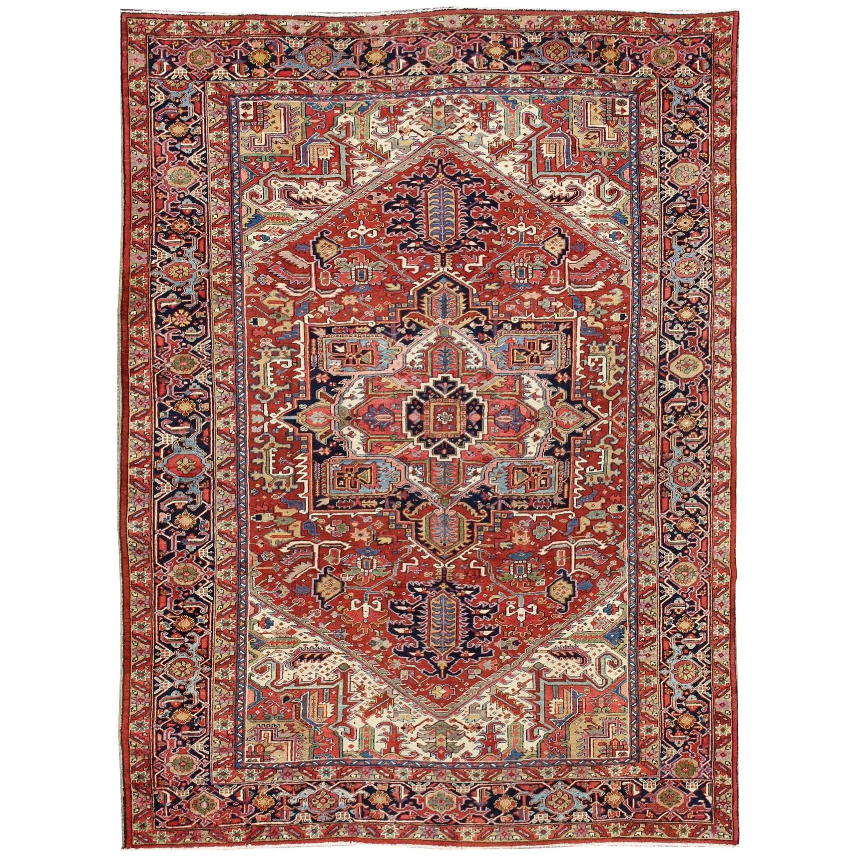 Antique Heriz-Serapi Rug with Geometric Medallion in Rust Red, Dark Blue, Green For Sale