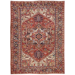 Antique Heriz-Serapi Rug with Geometric Medallion in Rust Red, Dark Blue, Green