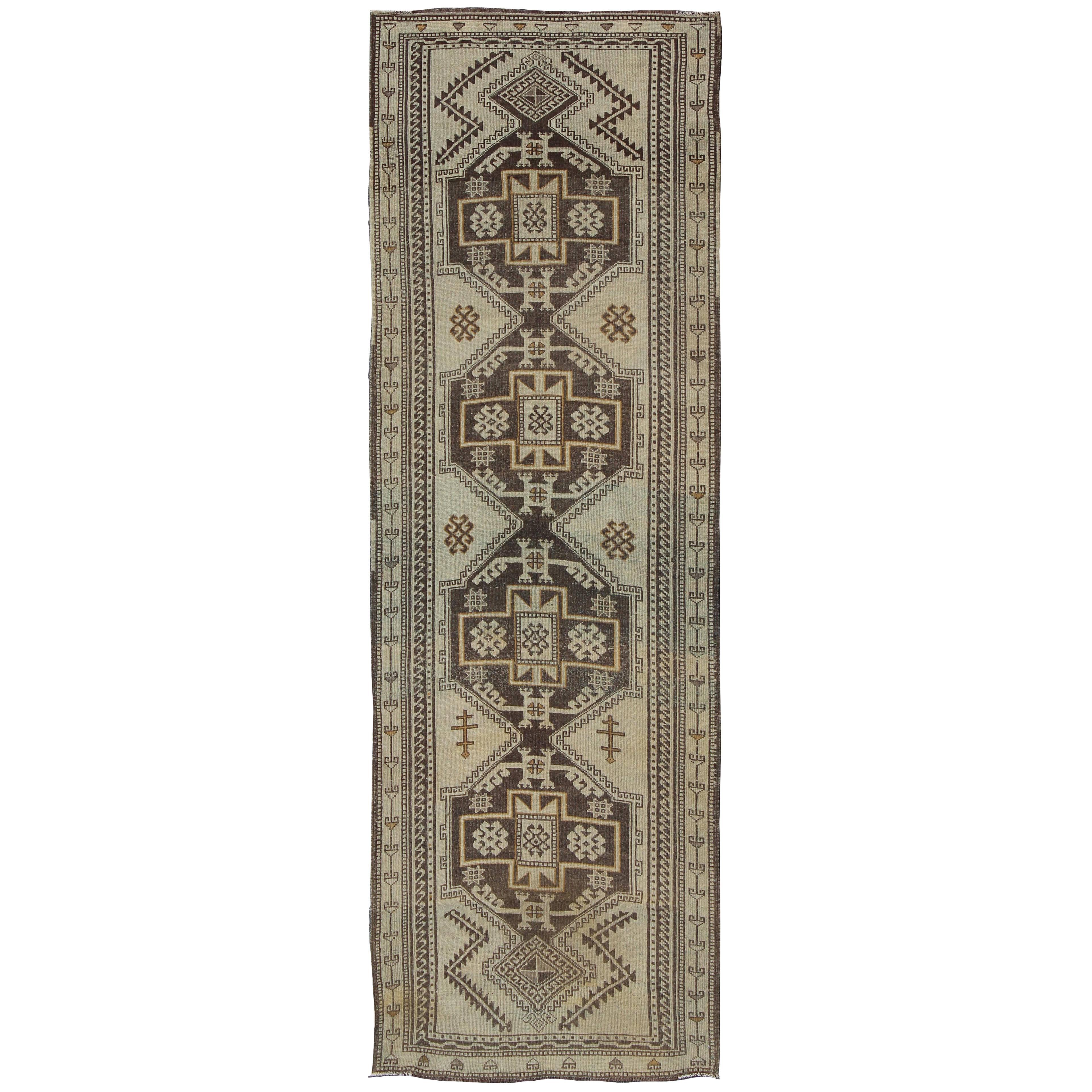Vintage Oushak Runner with Tribal Medallions and Motifs in Brown and Taupe For Sale