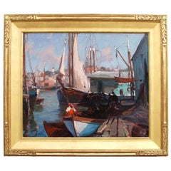 'Boats at Dock / A Gloucester View' Impressionist Marine Painting by Emile Grupp