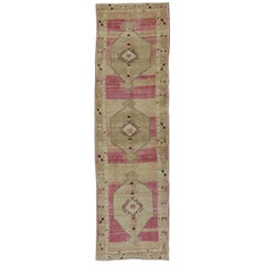 Vintage Turkish Oushak Runner with Tribal Medallions in Tan and Pink, Brown Outlines
