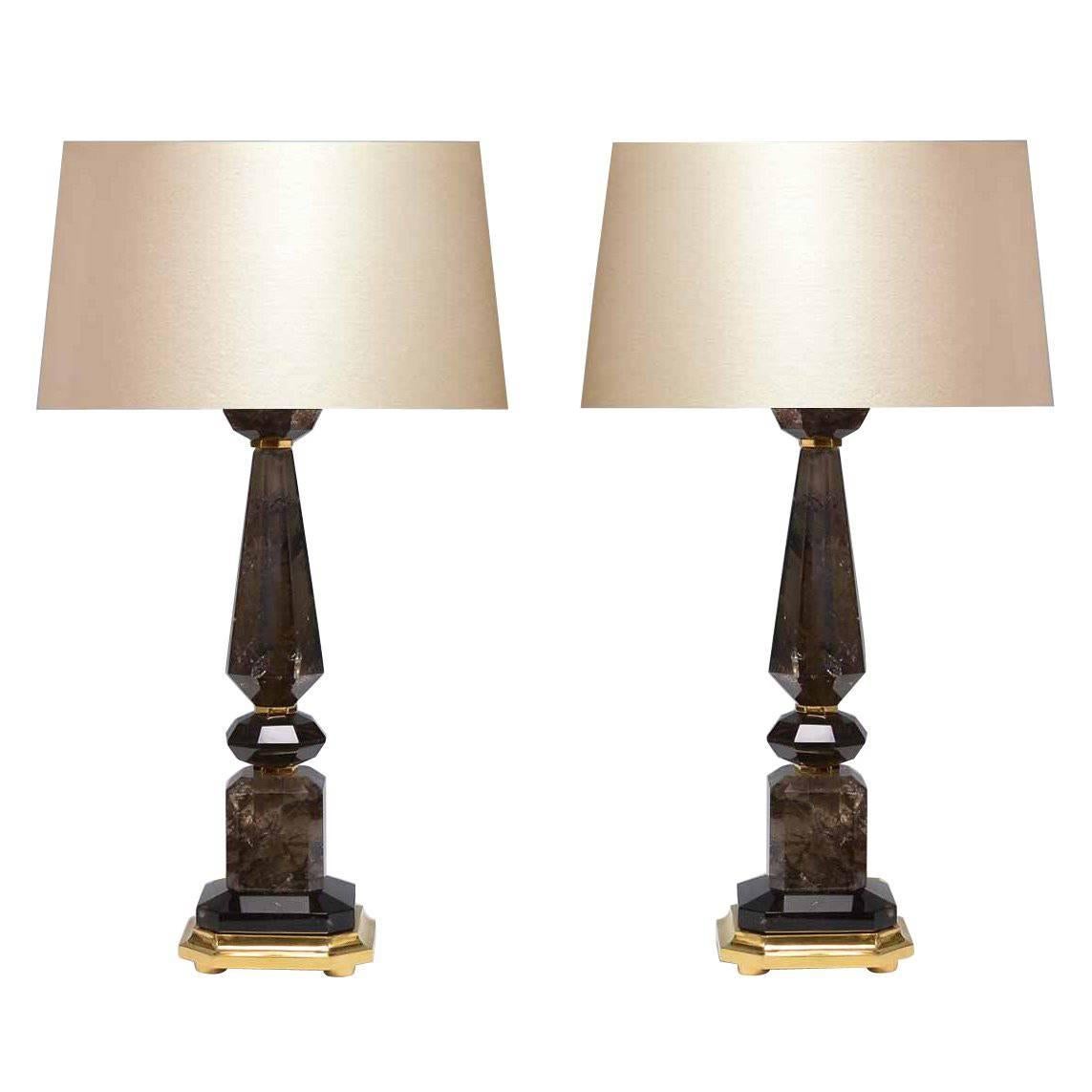 Paire de lampes modernes en quartz et cristal de roche brun fumé en vente