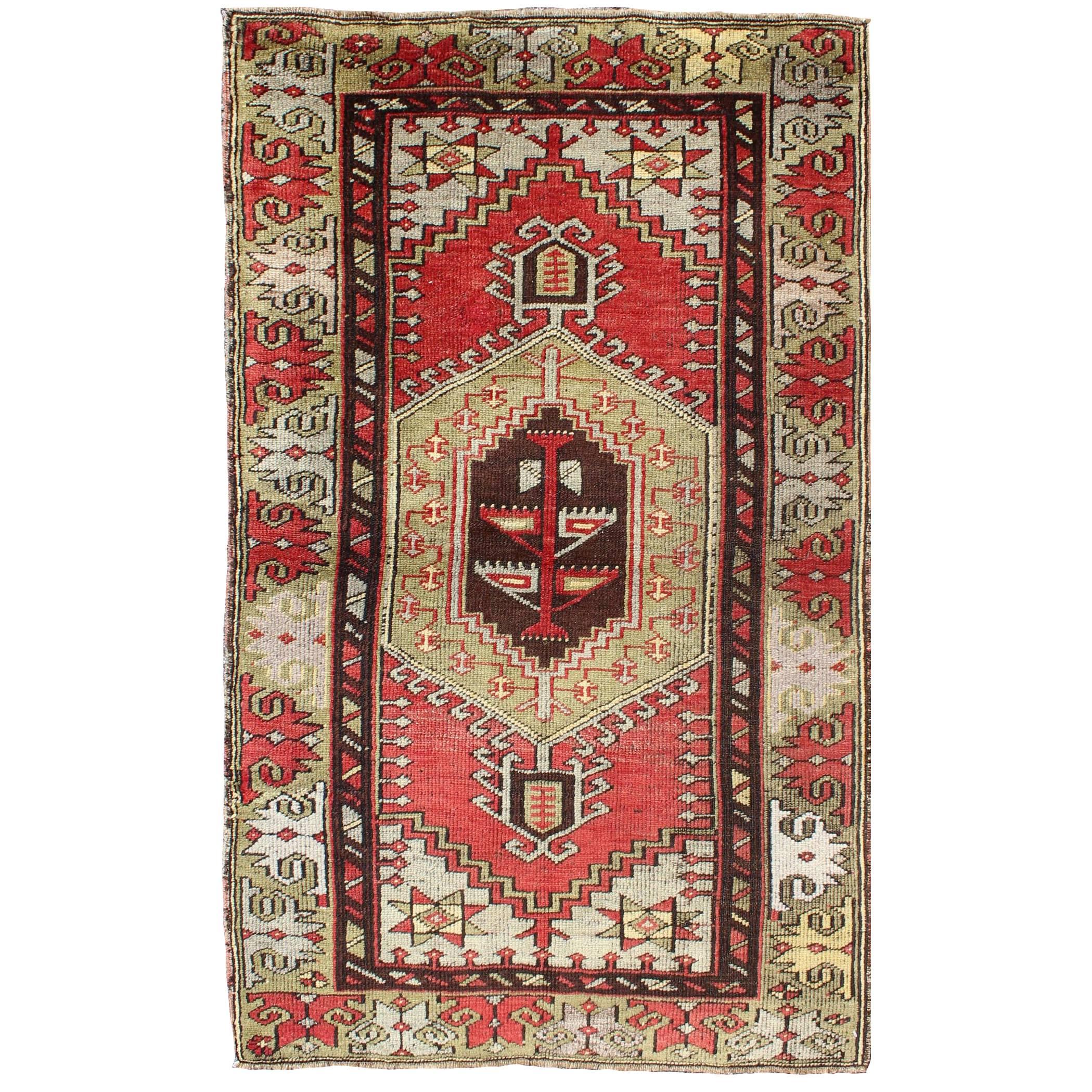 Vintage Turkish Oushak Rug with Geometric Tribal Medallion in Red and Green