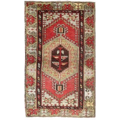 Retro Turkish Oushak Rug with Geometric Tribal Medallion in Red and Green