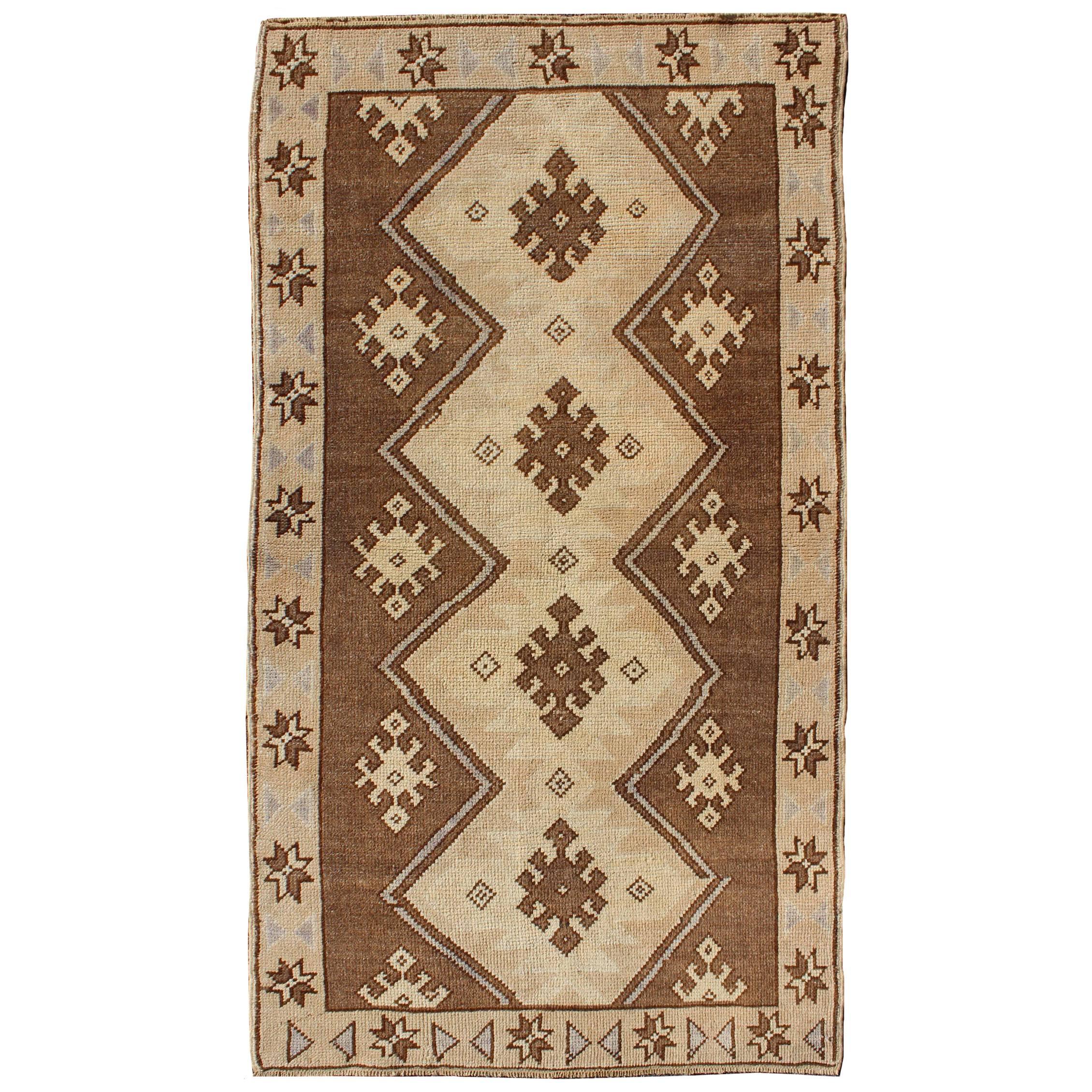  Vintage Turkish Oushak Rug with Vertical Diamond Medallions in Brown and Cream
