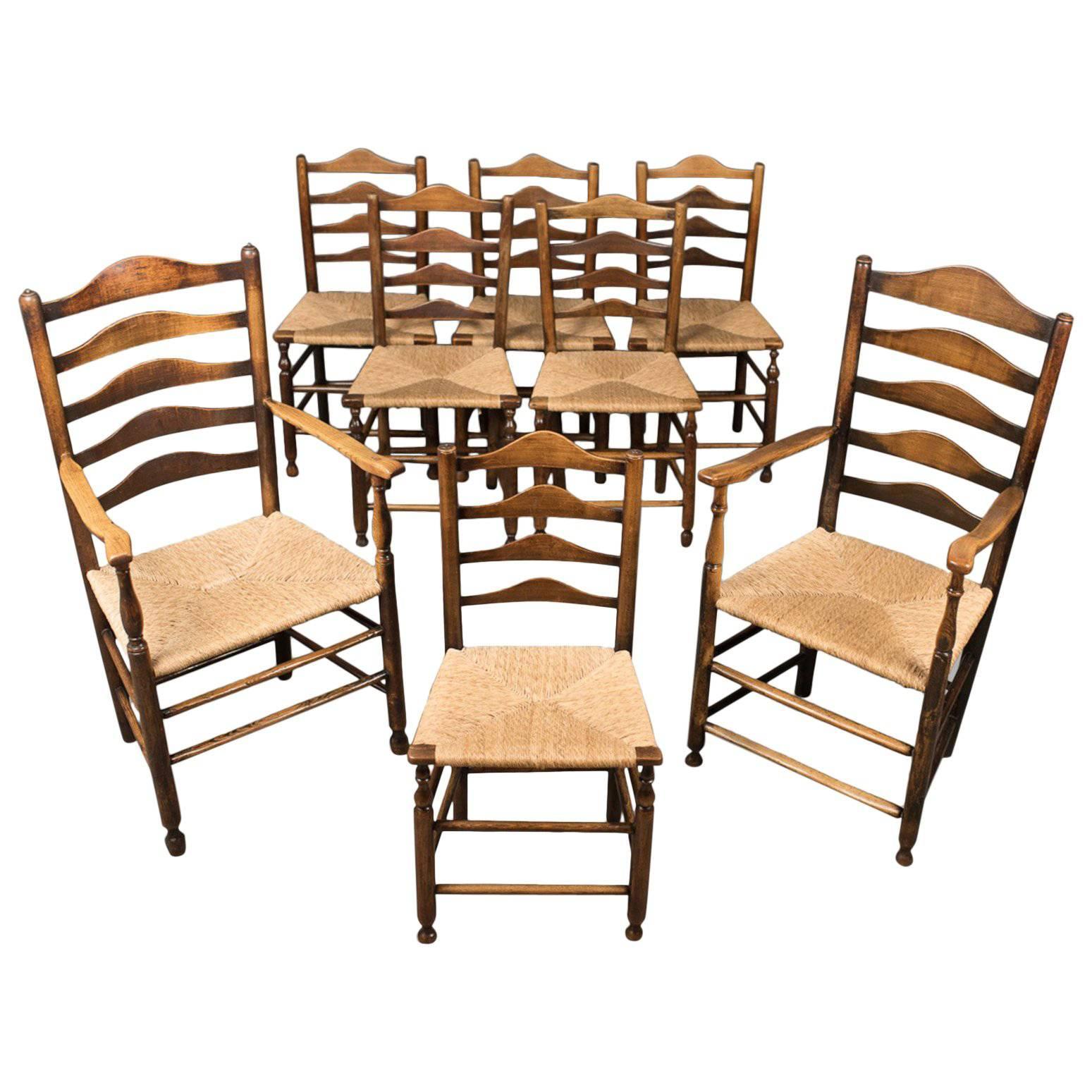 Set of Eight Antique Dining Chairs, English, Ladderbacks, Shaker, circa 1850